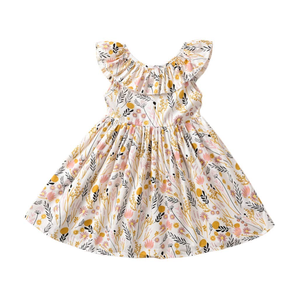 Toddler Girl Sundress 4T Girls Wildflower Floral Casual Dresses 4-5T Girls Ruffle Neck Sleeveless Beach Dress For Spring Summer