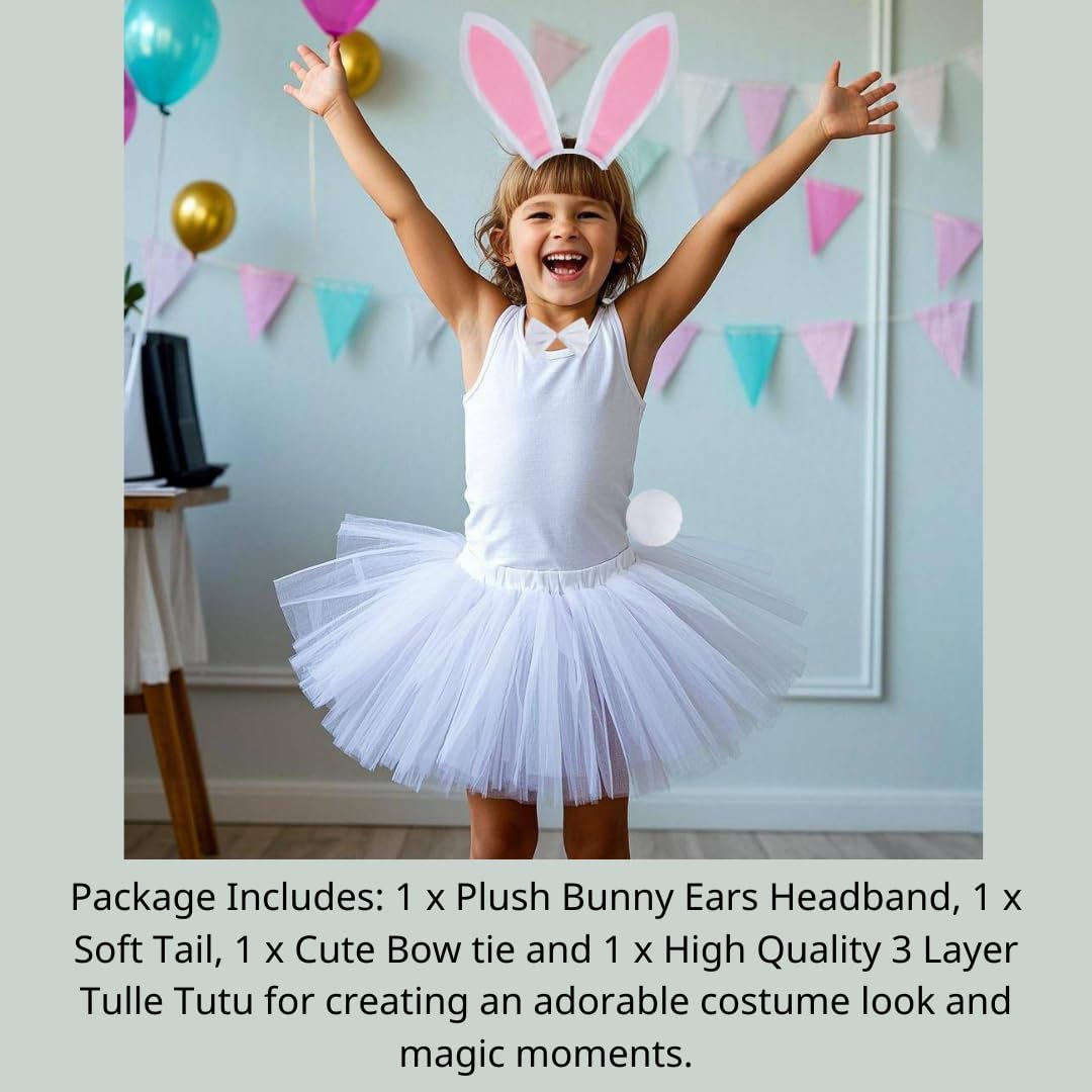 Kirei Sui Kids Bunny Rabbit Ears Headband & Tutu Costume 4 Pieces Dress Up Set White