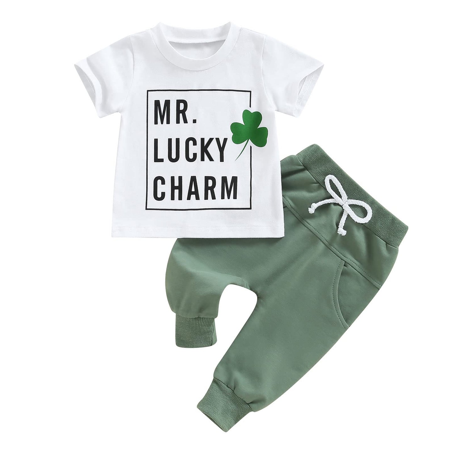 Infant Toddler Baby Boy St Patricks Day Outfits Short Sleeve Shirts Clover Sweatshirt With Pants 2Pcs Clothes Set (Clover S Gree