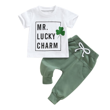 Infant Toddler Baby Boy St Patricks Day Outfits Short Sleeve Shirts Clover Sweatshirt With Pants 2Pcs Clothes Set (Clover S Gree