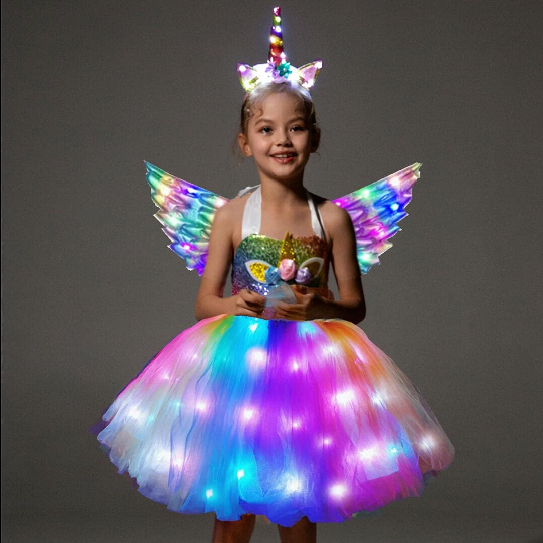 Shinyou Girls Unicorn Costume, Rainbow Unicorn Dress, Led Light Up Unicorn Tutu With Wing For Halloween Birthday Gift Deeprainbo