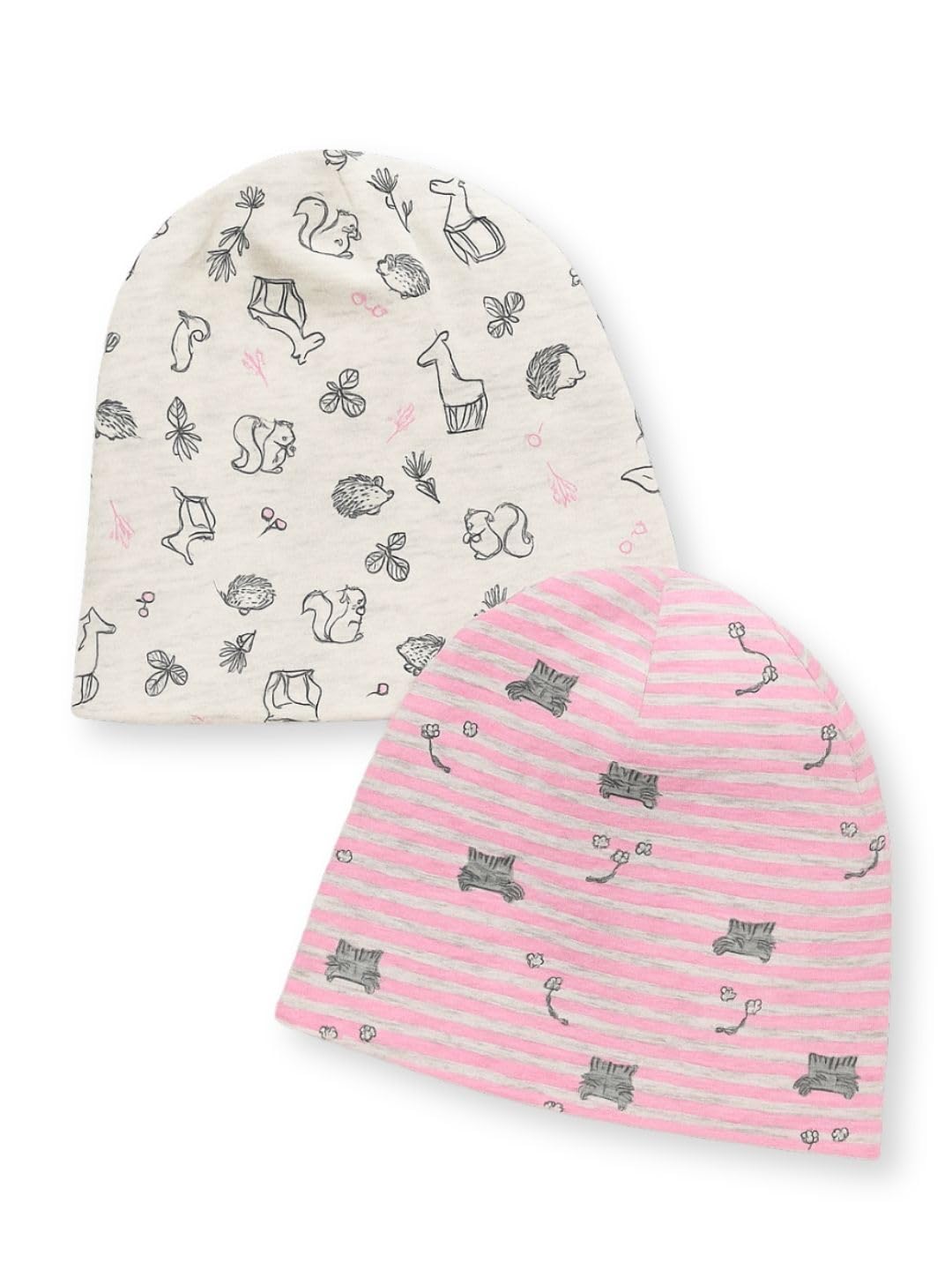 Tuddybuddy 100% Cotton Caps Slouchy Beanie Skull Cap For Boys & Girls (Ideal For All Seasons)  Pack Of 2, Pink Cats & Butterfli