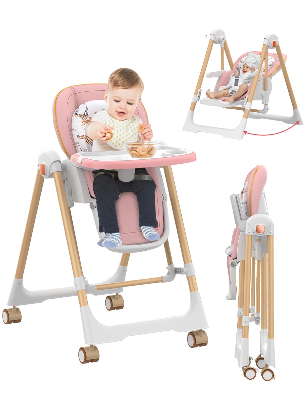 Rabbit Rustler High Chairs for Babies and Toddlers, Baby Swings for Infants, Foldable High Chair with Wheels,5 Adjustable Height