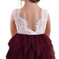 2Bunnies Girl Peony Lace Back A-Line Tiered Tutu Tulle Flower Girl Dress (Burgundy Sleeveless Short, 5)