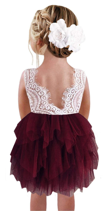 2Bunnies Girl Peony Lace Back A-Line Tiered Tutu Tulle Flower Girl Dress (Burgundy Sleeveless Short, 6M)