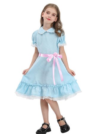 Cr Rolecos The Grady Twins Costume For Kids Girls Blue Creepy Sister Scary Doll Dress Halloween Party B140