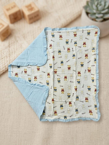 Baby Muslin Blanket with Ruffle Border, Dinosaur Print, Blue, Soft Cotton, Newborn Swaddle (OffWhiteLightBlue1)