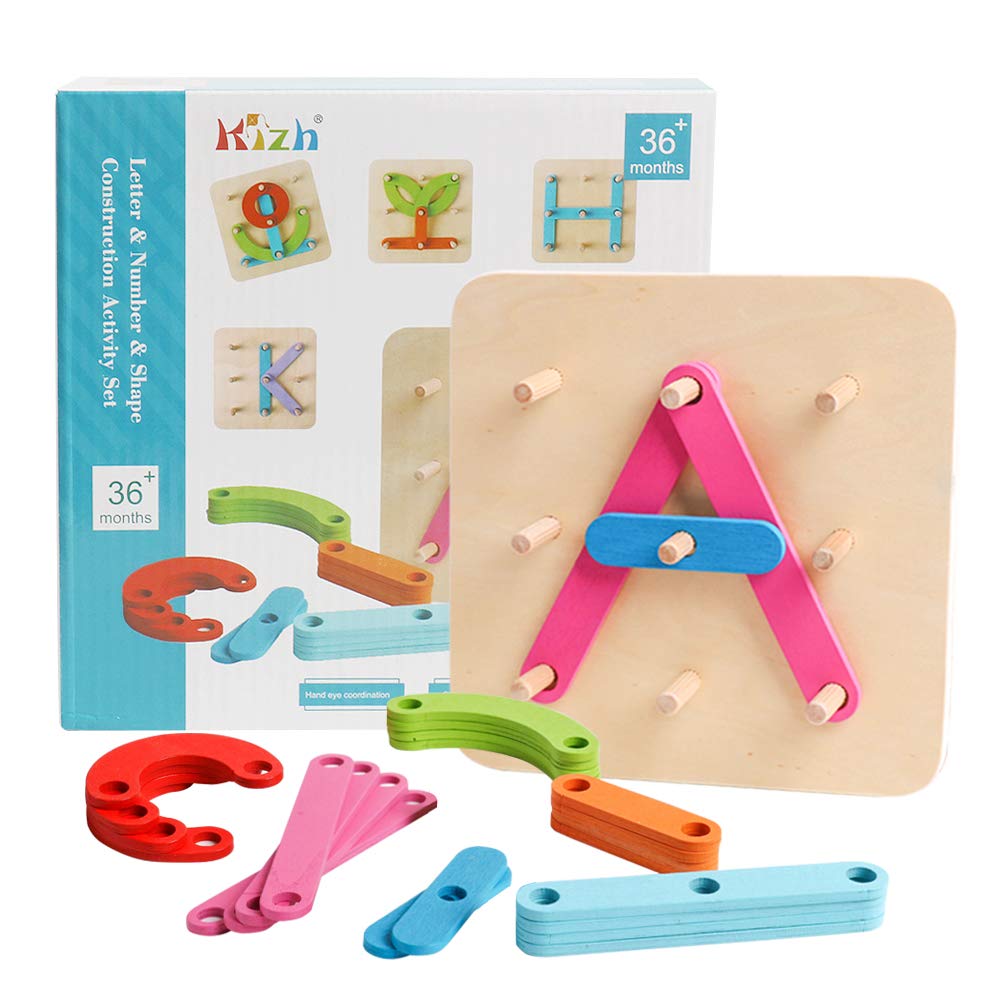 kizh Wooden Letter and Number Construction Activity Set Educational Preschool Toys Shape Color Recognition Pegboard Sorter Set B