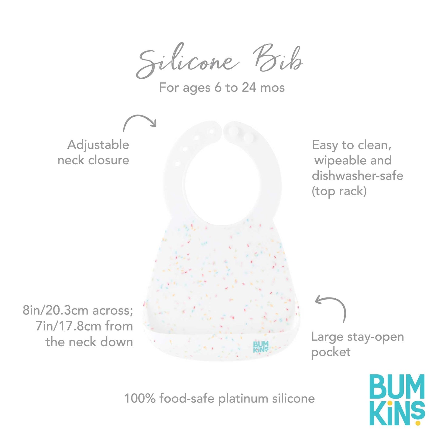 Bumkins Silicone Bib For Babies And Toddlers, 6-24 Months, Pocket Bib For Eating And Feeding, Boy Or Girl