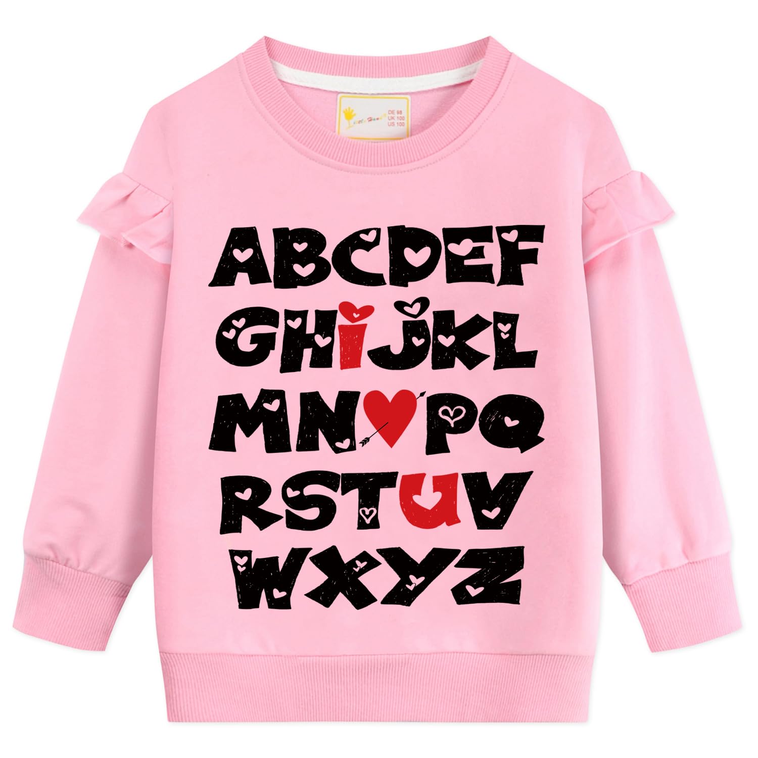 Little Hand Kids Alphabet Sweatshirts Abc I Love You Print Tops Valentine'S Day Shirt Toddler Girls Heart Ruffle Sleeve Shirts 7