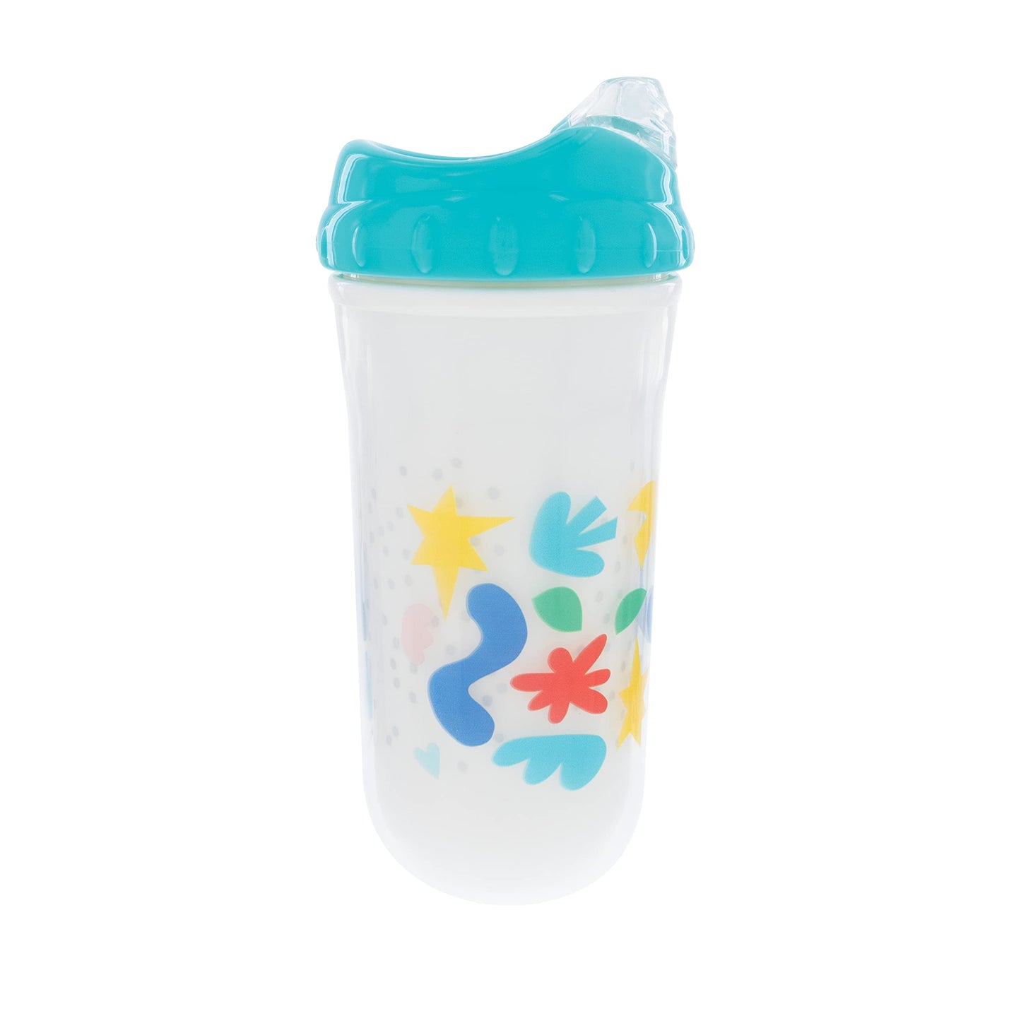 Nuby No Spill Insulated Transition Cup With Soft Rim Spout | 9 Oz/ 270 Ml | 2 Pack: Aqua Animals & White Shapes Or Blue Dinosaur