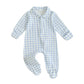Seyurigaoka Newborn Baby Boy Girl Clothes Gingham Plaid Footed Jumpsuit Lapel Zipper Romper Cute Going Home Outfit (Blue, Newbor