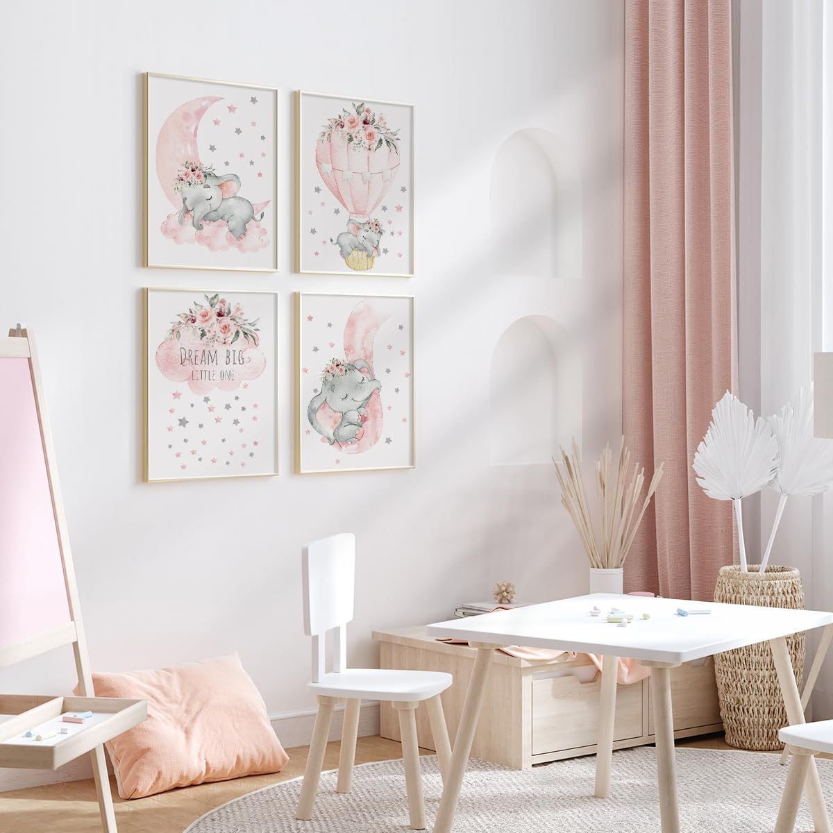 Canssape Set Of 4 Baby Wall Decor Pink Nursery Wall Art Decor For Girls Dream Big Little One Pink Elephant Kids Room Decor Poste