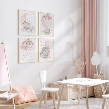 Canssape Set Of 4 Baby Wall Decor Pink Nursery Wall Art Decor For Girls Dream Big Little One Pink Elephant Kids Room Decor Poste