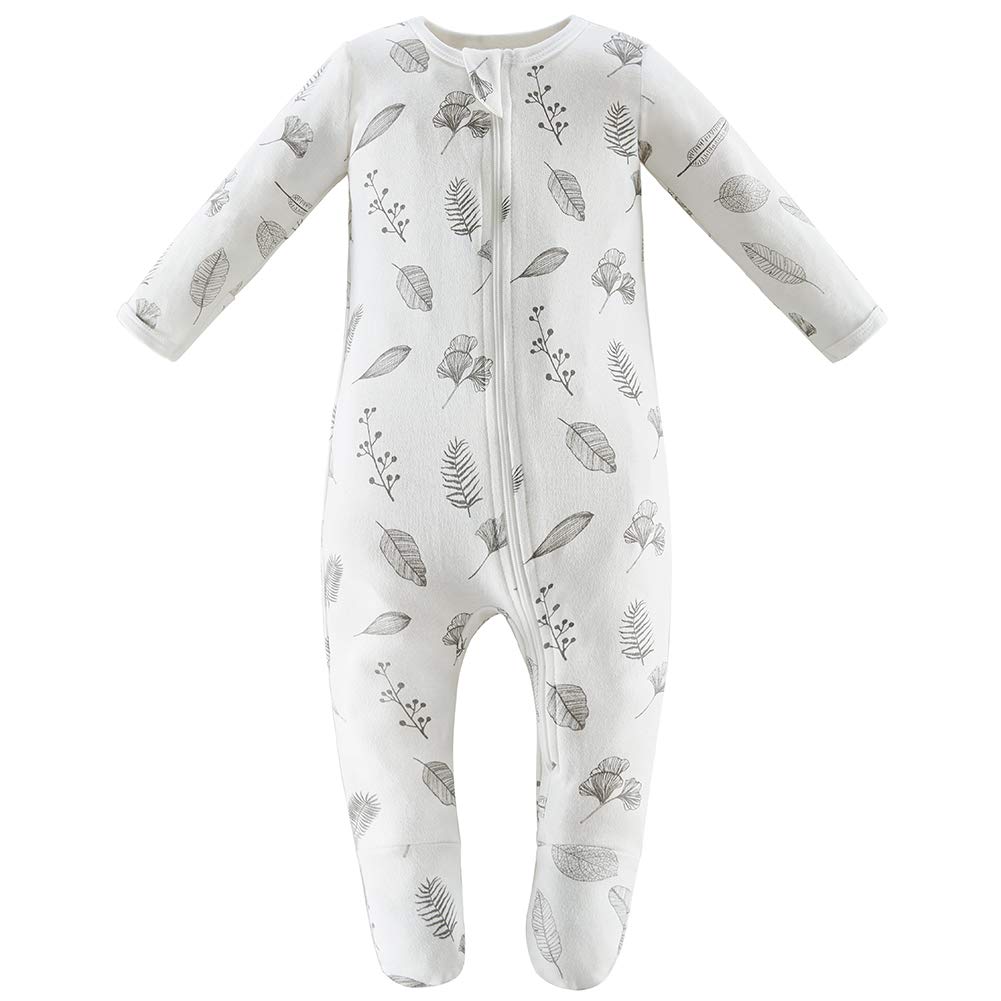 Owlivia Organic Cotton Baby Pajamas, Boys Girls Zip Front Sleep  'N Play, Footed Sleeper, Long Sleeve(0-3 Months, Grey Leaf)