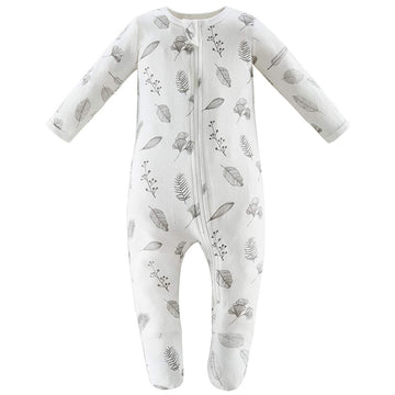 Owlivia Organic Cotton Baby Pajamas, Boys Girls Zip Front Sleep  'N Play, Footed Sleeper, Long Sleeve(0-3 Months, Grey Leaf)