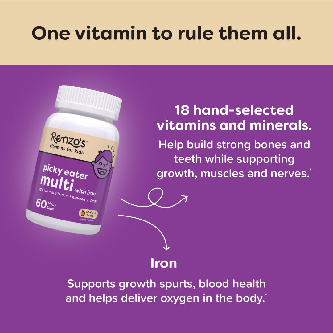 Renzo'S Picky Eater Kids Multivitamin With Iron - Dissolving Kids Vitamins With Vitamin D3 & K2 And More - 60 Sugar-Free Melty T
