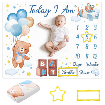 SNOWIE SOFT Baby Milestone Blanket with 112 Months Monthly Markers, Cartoon Watercolor Cartoon Bear Balloon Photo Backdrop Soft