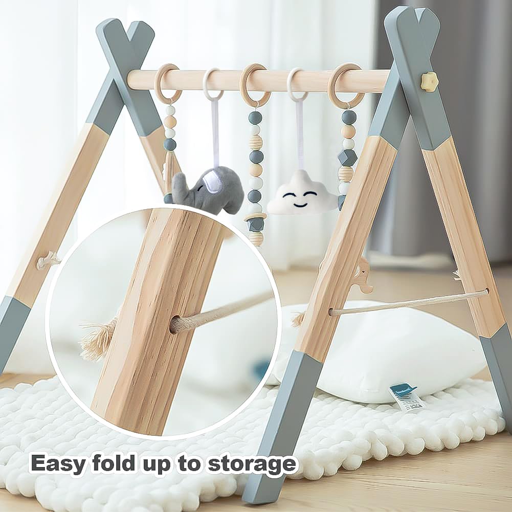 Avrsol Wooden Baby Play Gym Foldable Baby Play Gym Frame Activity Gym Hanging Bar With 5 Gym Baby Toys Natural Gift For Newborn