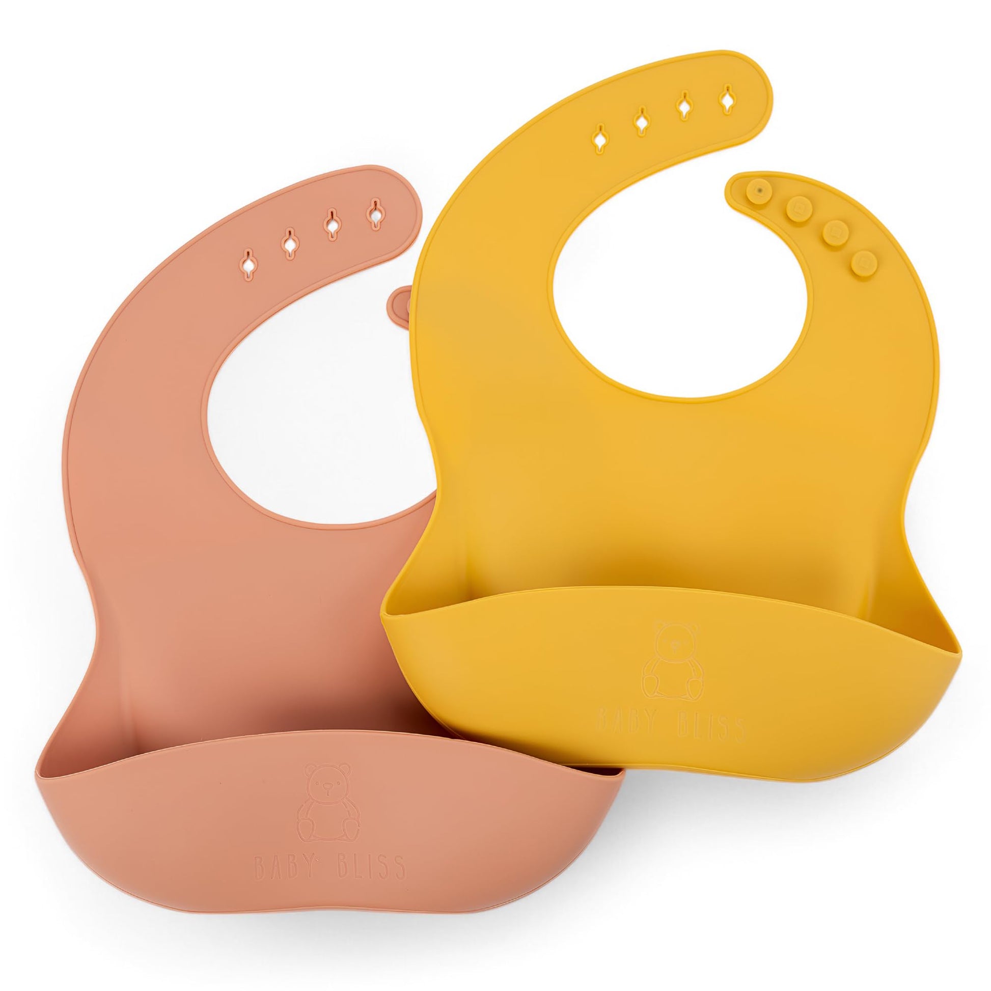 Silicone Bib 2 Pack: Non-Toxic,Food-Grade, Waterproof, Adjustable Neck Band & Pouch Catcher, Easy-Clean for Toddlers & Babies (M