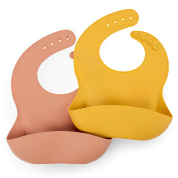 Silicone Bib 2 Pack: Non-Toxic,Food-Grade, Waterproof, Adjustable Neck Band & Pouch Catcher, Easy-Clean for Toddlers & Babies (M