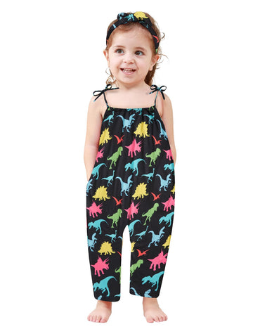 Lindanina Toddler Baby Girls Romper Dinosaur Sleeveless Jumpsuit Summer Cute Clothes Adjustable Tie-Up Strap 12-24 Months Infant