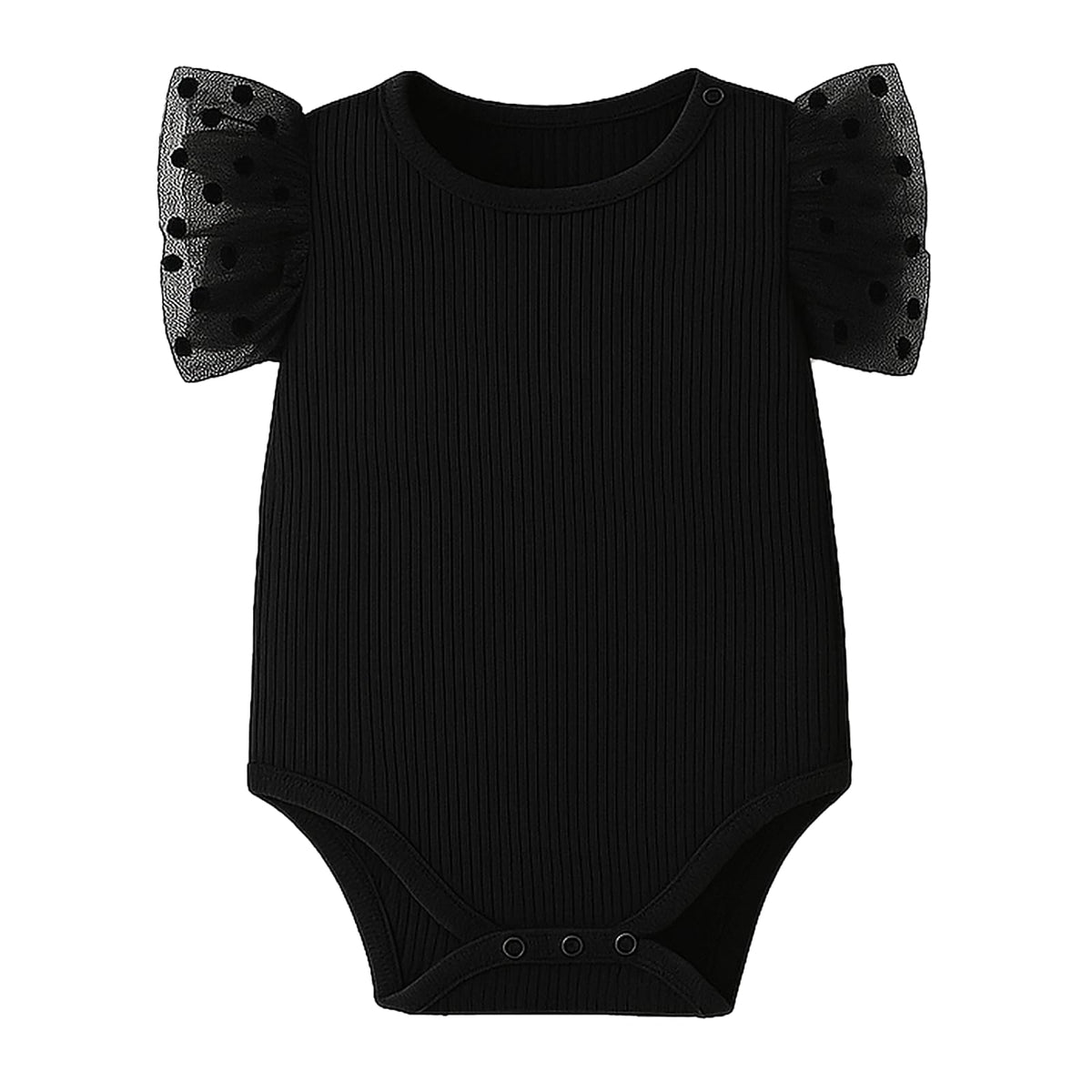 Romperinbox Baby Girl Onsies Polka Dot Mesh Puff Sleeve RibKnit Short Sleeve Round Neck Bodysuit For 024 Months, Black, 03 Mo