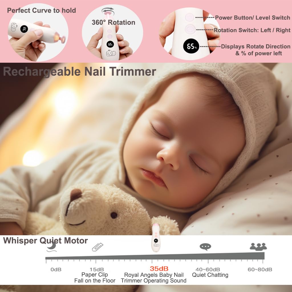 Rechargeable 22 In 1 Baby Nail Trimmer, Usage Labeled Case, 13 Extra Replacement Tools, Royal Angels Electric Nail File With Lcd
