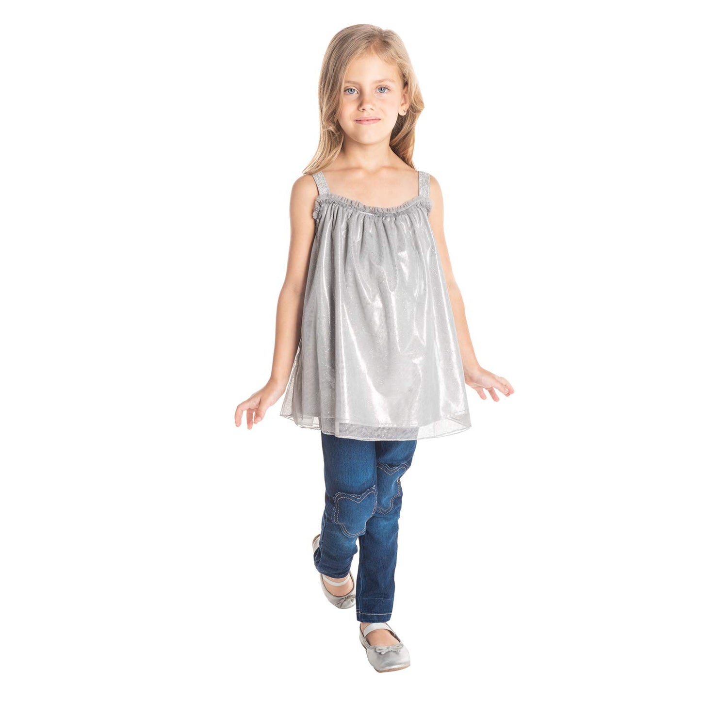 Cherry Crumble Grey Embellished Cotton Blend Sleeveless Square Neck Regular Fit Embellished Summer Top for Girls