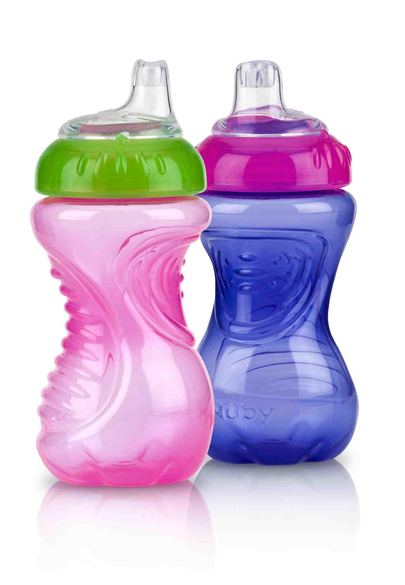 Nuby 2-Pack No Spill Easy Grip Trainer Cup 10 Oz, Coral/Aqua Or Pink/Purple