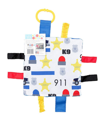 Baby Sensory Crinkle & Teething Square Lovey Toy with Closed Ribbon Tags for Increased Stimulation: 8X8 (Police)