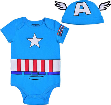 Marvel Boys Superhero Short Sleeve Bodysuit And Cap Set For Newborn And Infant Spider-Man/Thor/Captain America/Hulk/Iron Man