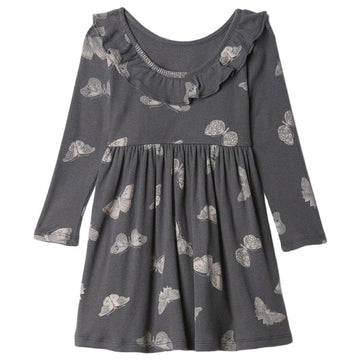 Gap Girls Printed Fit & Flare Dress With Ruffles Overlay, Dark Grey, 1218M