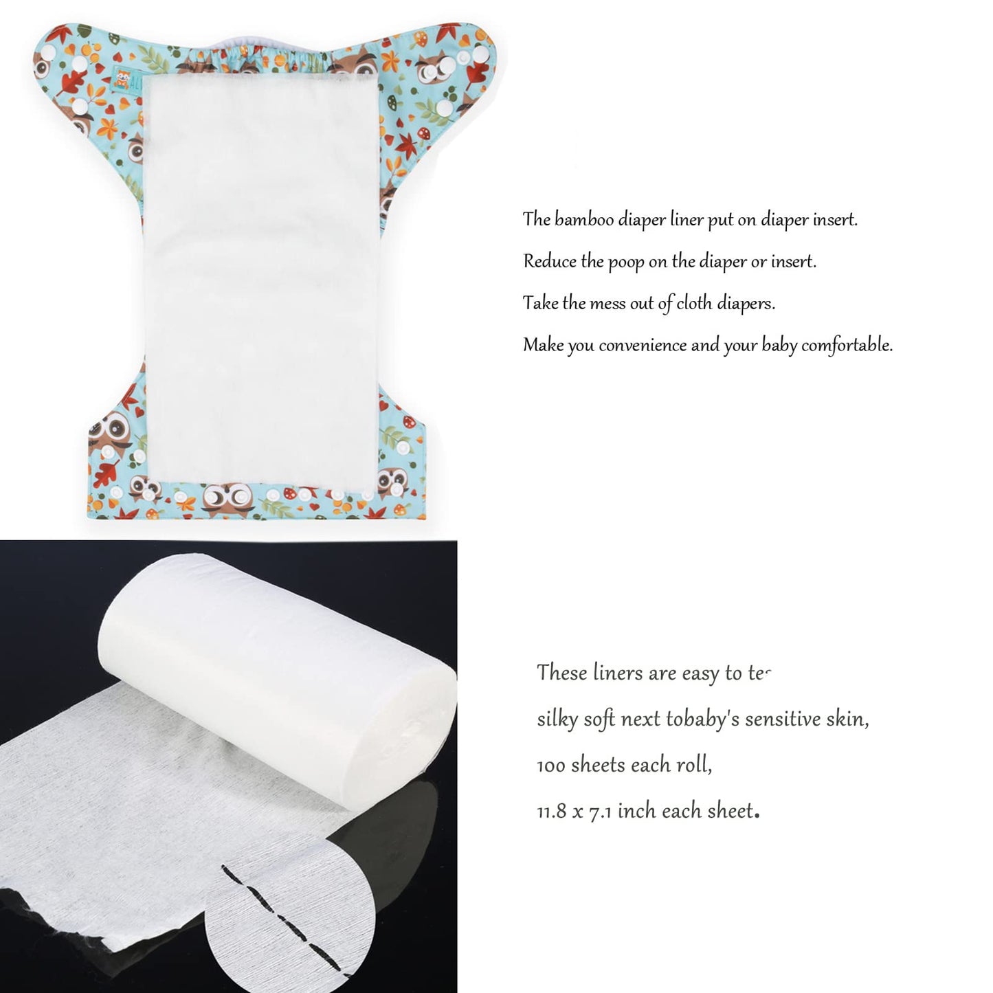 ALVABABY Diaper Liner for Baby Cloth Diapers 11.8x7.1 Inch Natural Soft Disposable Diaper Liners Fragrance Free Chlorine Free 10