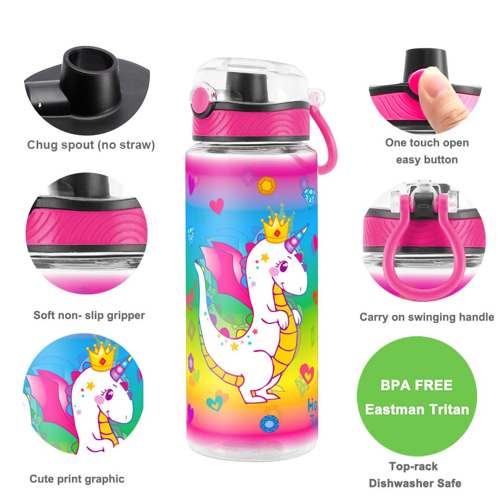 Homtune Cute Water Bottle For School Kids Girls, Bpa Free Tritan & Leak Proof & Easy Clean & Carry Handle, 23Oz/ 680Ml (Dragon)