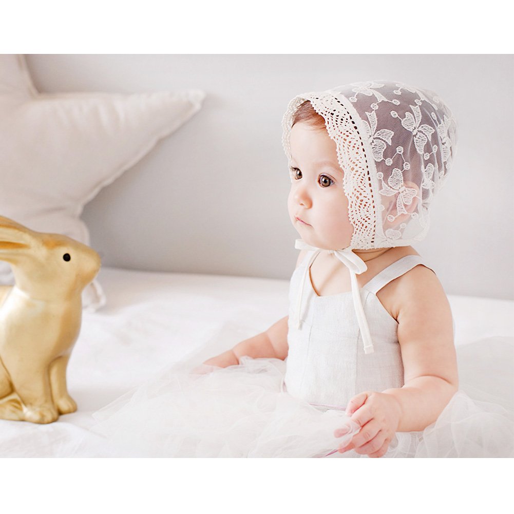 Imleck Infant Bucket Sun Hat Bow Full Lace Flower Bonnet Child Hat  Ivory White