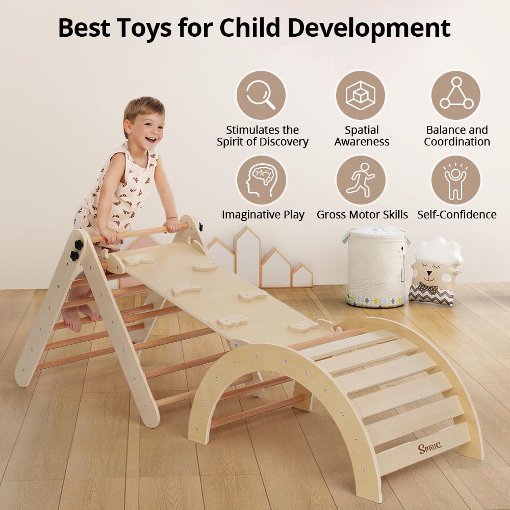 Pikler Triangle Set With Cushion, 8-In-1 Toddler Climbing Toys Indoor, Wooden Montessori Climbing Set With Arch Ramp,Ladder&Tent