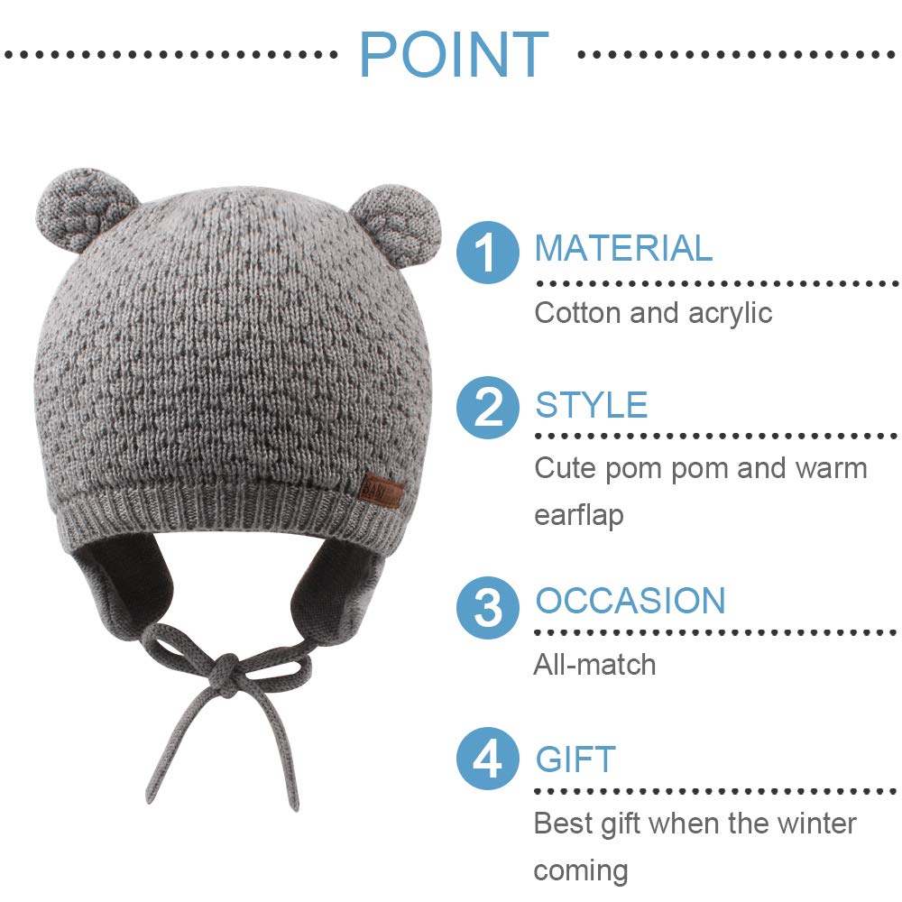 Bavst Baby Beanie Hat For Winter With Earfalp Cute Bear Kids Toddler Girls Boys Warm Knit Cap 0-2Years(Grey, L)