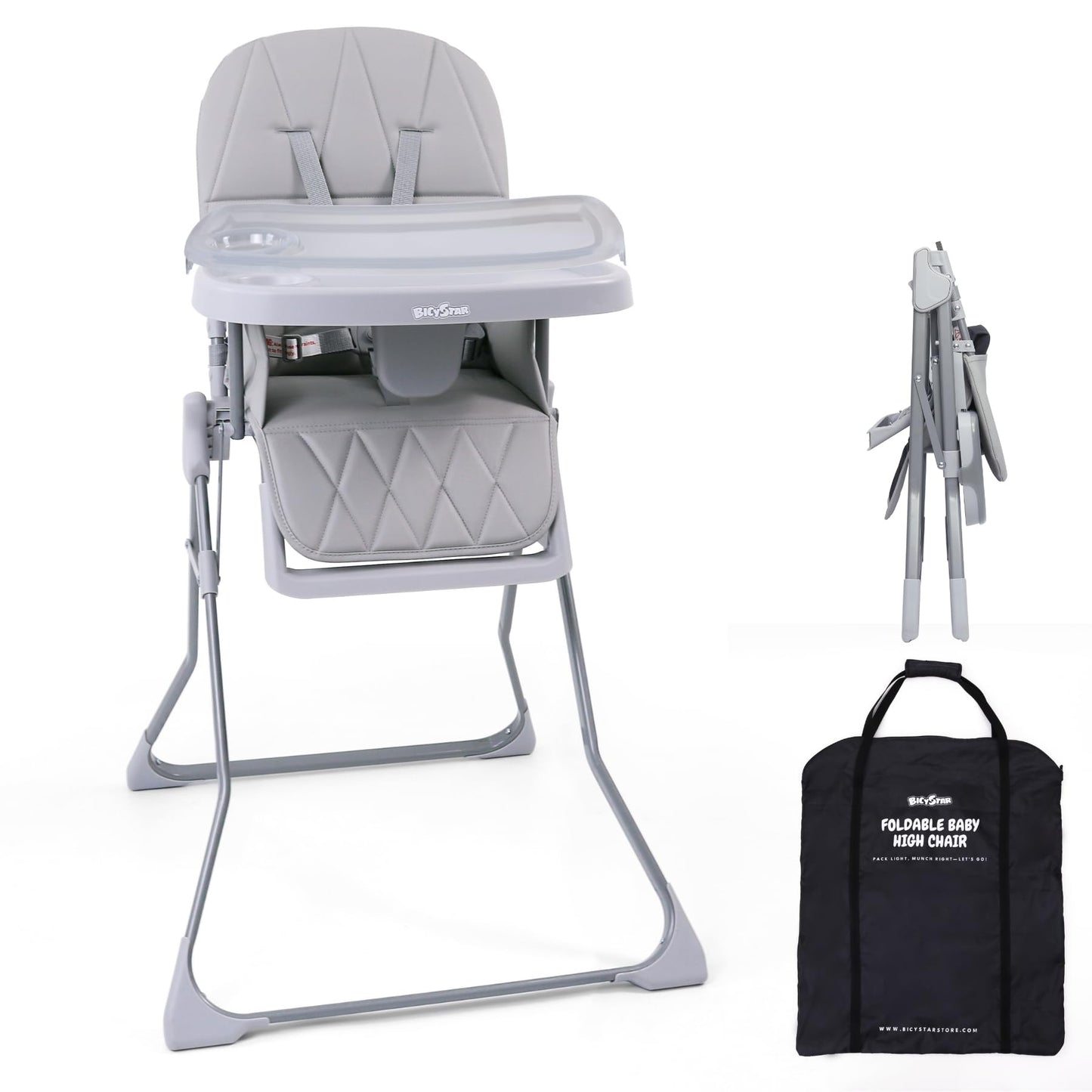 Bicystar Foldable Baby High Chair With Easy Clean Double-Layer Tray, Adjustable Foot Rest, Safety First 5 Point Harness, Compact