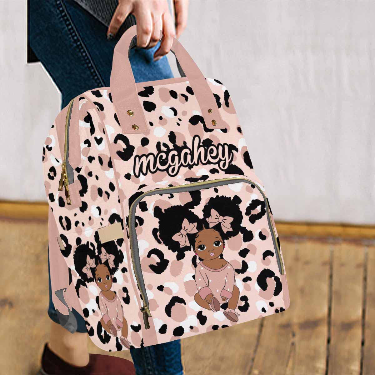 Artsadd Personalized Diaper Bag Backpack With Name, Dots Pink Bow Tie Bow Tie Daypack Mommy Nappy Baby Bag Customized Large Capa