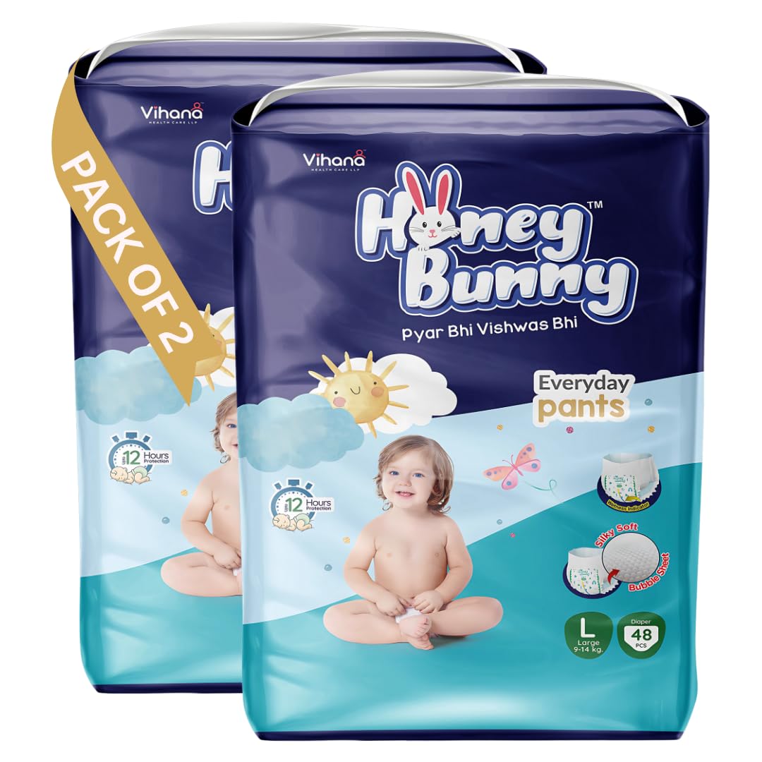Honey Bunny Everyday Baby Diapers Pants | Large (L), 96 Count, 914 Kg | Silky Soft On Skin, Bubble Layer | 12 Hours Protection 