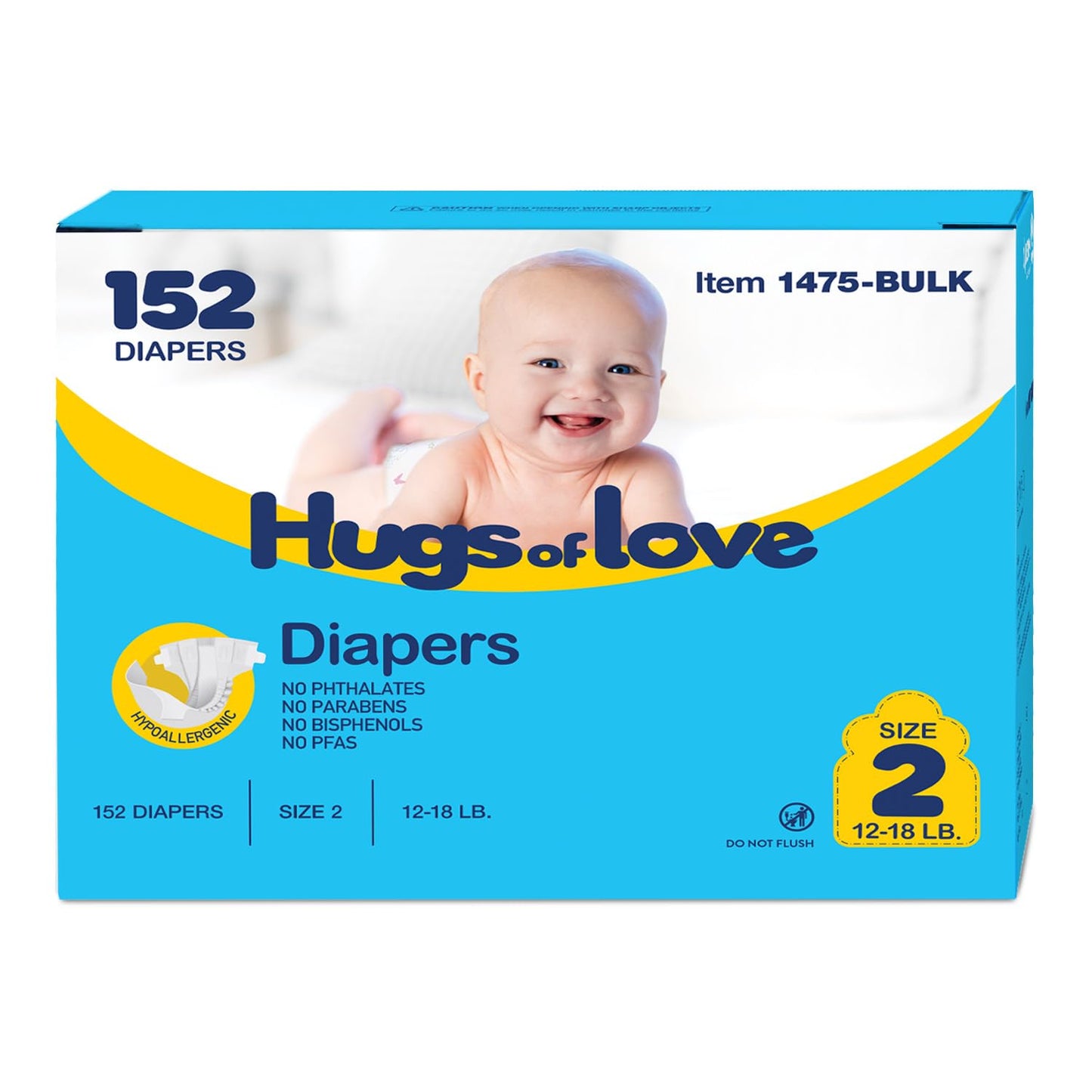 Dynarex Hugs-of-Love Diapers Size 2 (12-18 lb) Baby Diapers - High Absorbency, Leak Protection, Soft Comfort, 152 Diapers per Ca