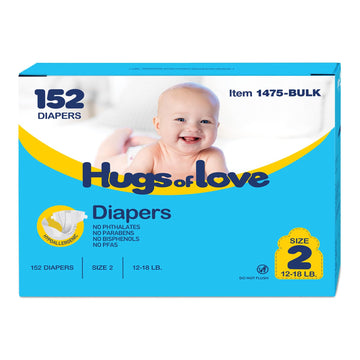 Dynarex Hugs-of-Love Diapers Size 2 (12-18 lb) Baby Diapers - High Absorbency, Leak Protection, Soft Comfort, 152 Diapers per Ca