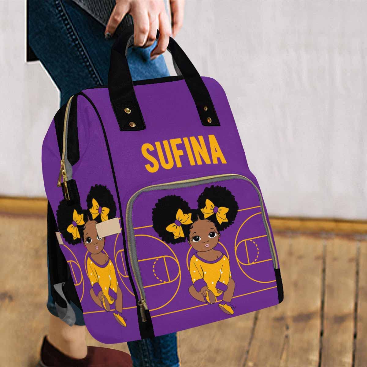 Artsadd Personalized Diaper Bag Casual Shoulder Bag, Customized Yellow And Purple Nappy Backpack With Thermal Pockets Multifunct