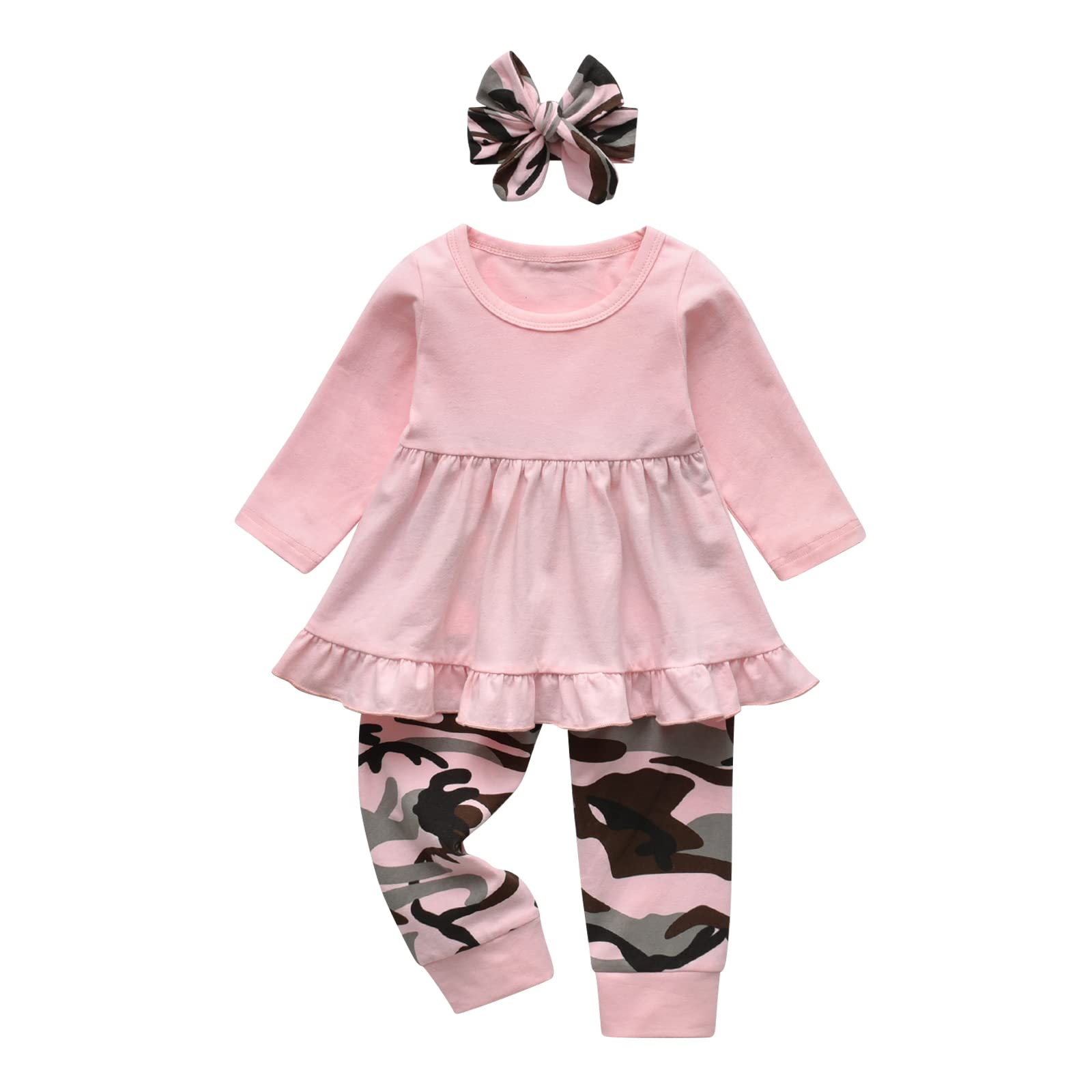 Kulcerry Toddler Baby Girl Clothes Solid Color Long Sleeve Ruffle Tops Floral Pants Headband Outfits Set (12-18 Months, Pink