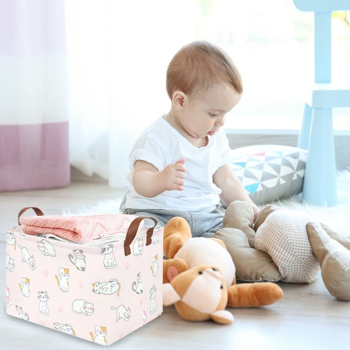 Fxolcshe Rectangular Pink Cat Baskets,Cute Kids Toy Storage Basket Bin,Pink Gift Organizer,Toys Box,Toy Organizer,Baby Nursery,E