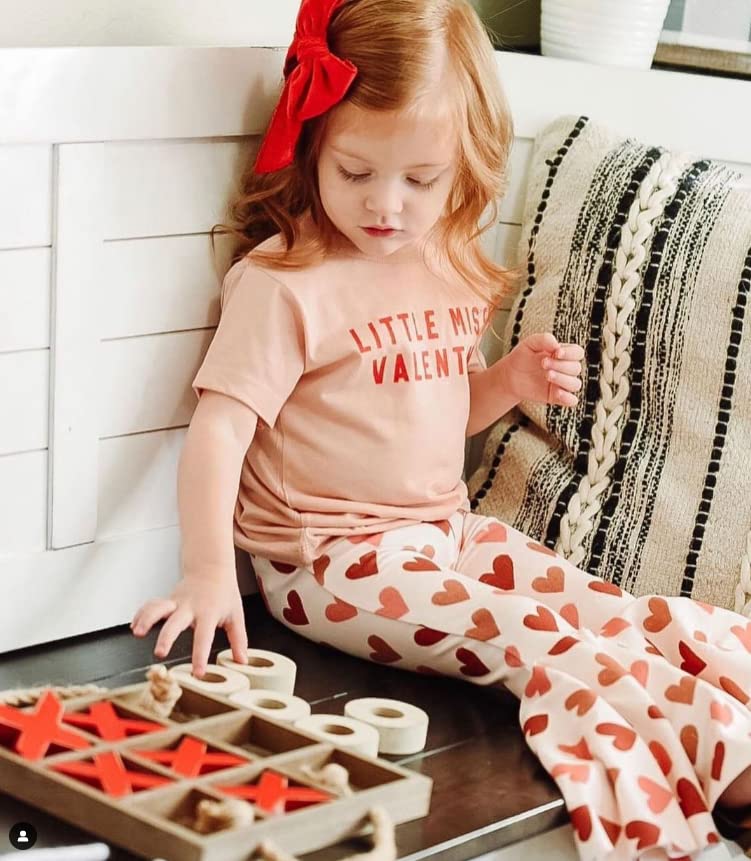 Wybzd Baby Girl Valentines Day Outfit Little Miss Valentine Short Sleeve T-Shirt Top Bell-Bottom Pants Sets Cute Toddler Clothes