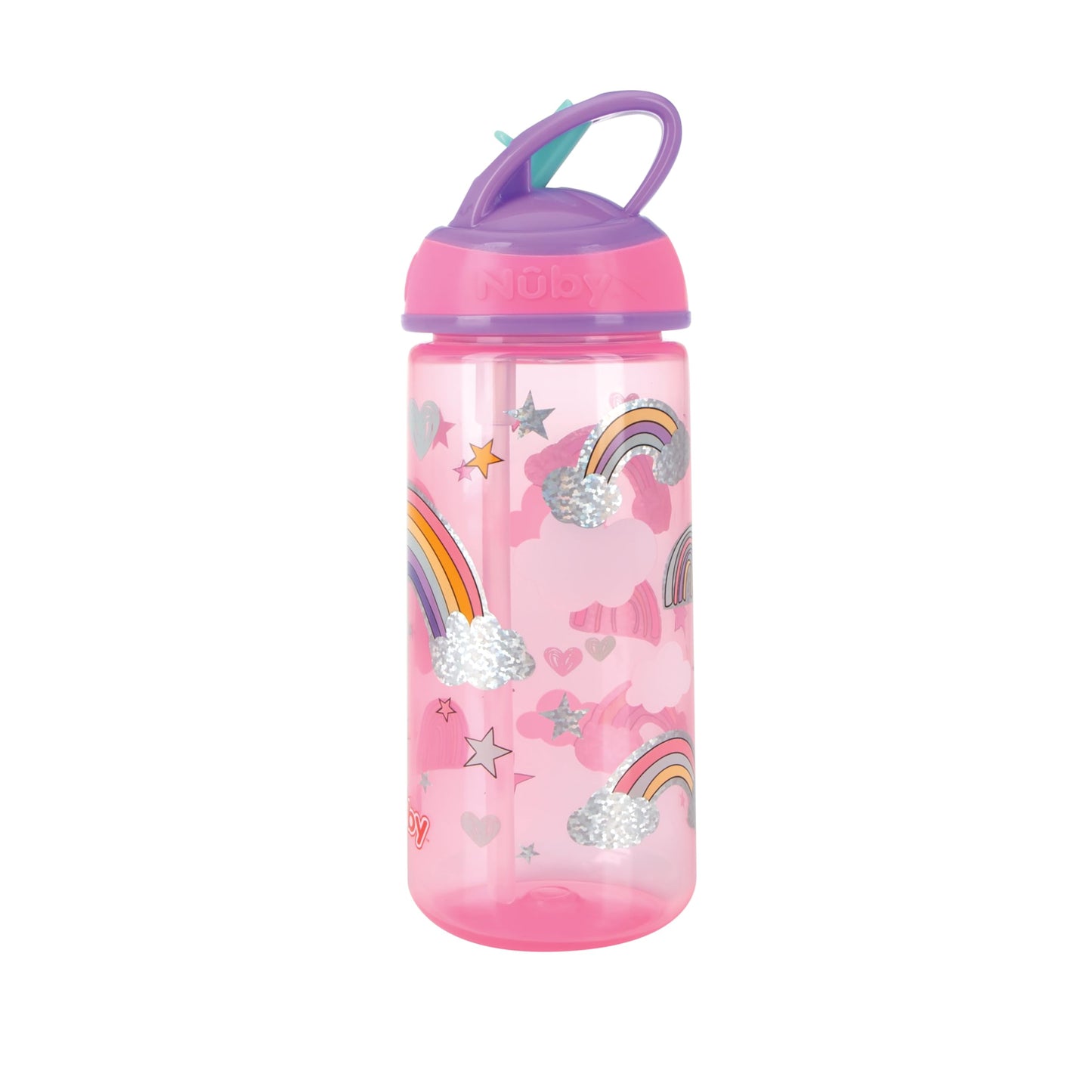 Nuby 2 Pack Iridescent Pp Flip-It Kids On-The-Go Printed Water Bottle With Bite Proof Hard Straw - 18Oz / 540 Ml, 18+ Months, 2