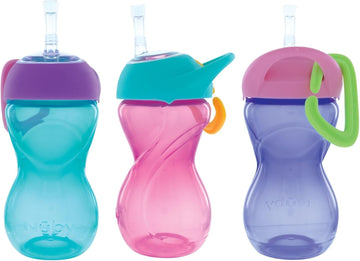 Nuby No-Spill Clik-It Flexi Straw Sippy Cup With Carabiner Clip - (3-Pack) 10 Oz - Baby Sippy Cup For 6+ Month Old With Easy Gri