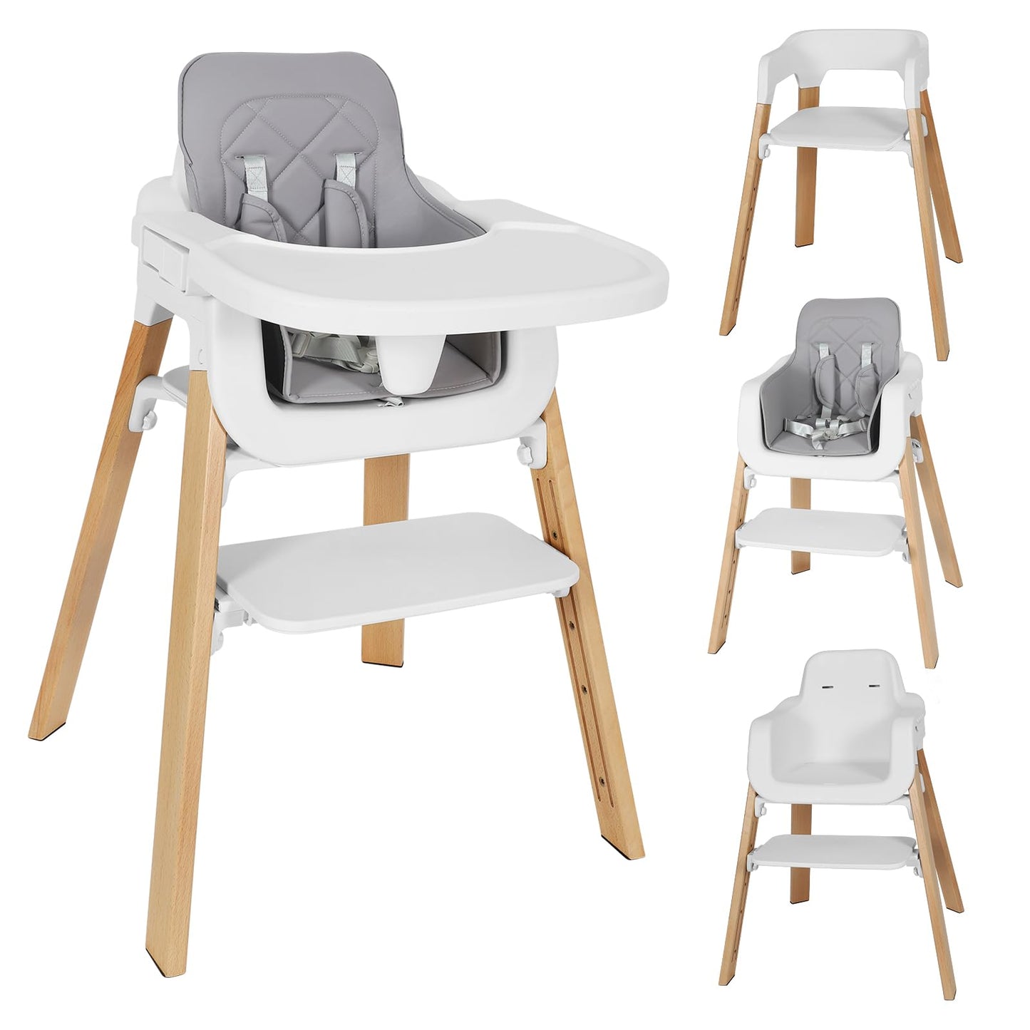 3-in-1 Baby High Chair, Convertible High Chairs for Babies and Toddlers with Adjustable 5-Level Footrest & Dishwasher Safe Tray,